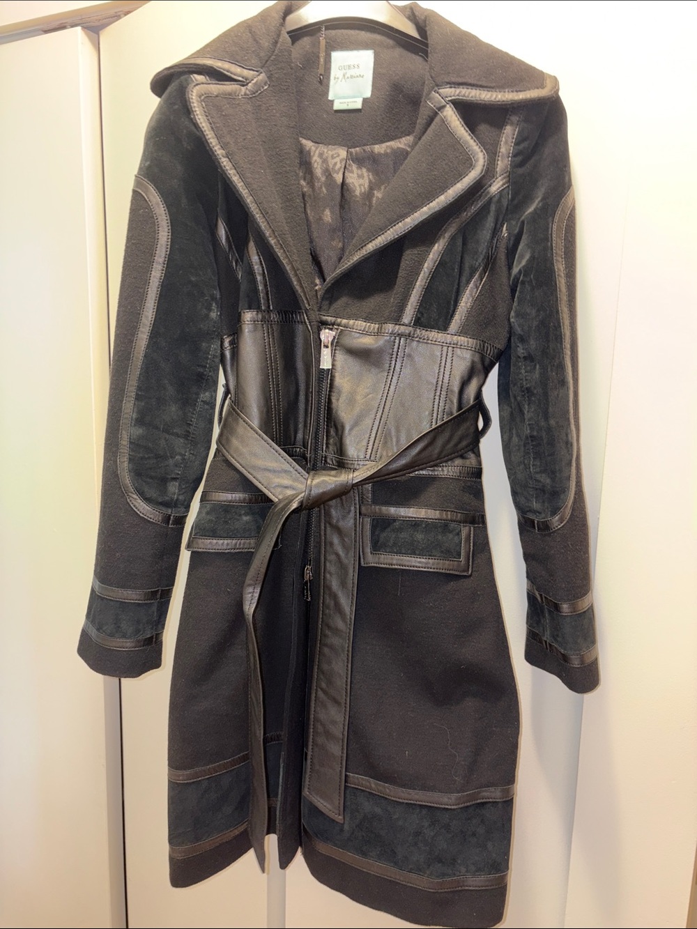 Guess by Marciano Black Mixed-Media Trench with Belt